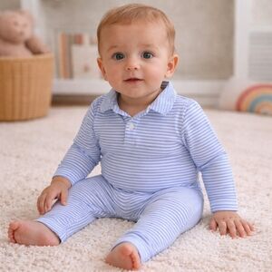 ✨ Little English Blue Stripe Polo Sleeper | 3M Classic Baby Romper